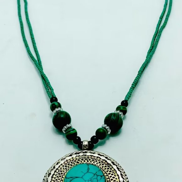 Turquoise Beaded Pendant Necklace, Ethnic Tribal Light Weight Necklace, Chunky - Picture 3 of 9